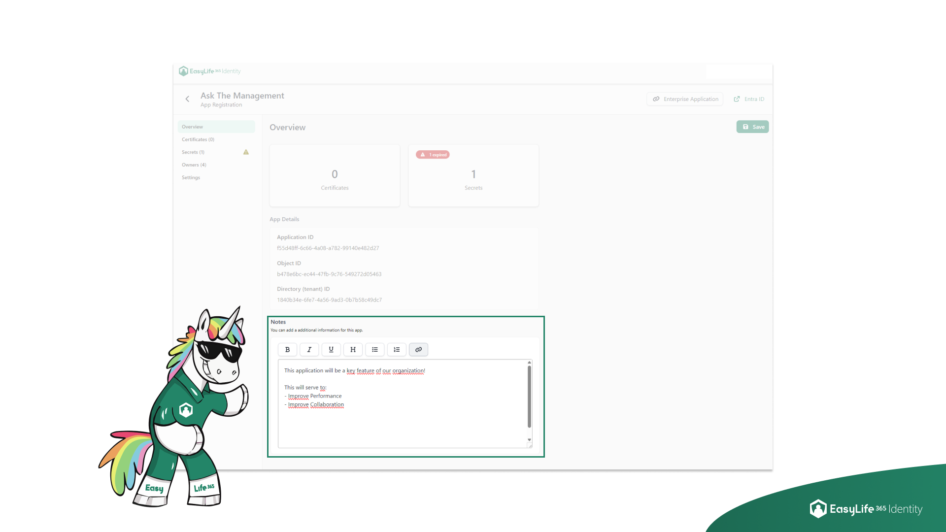 EasyLife 365 Identity application overview showing the new Notes section where admins and owners can document purpose, context, and governance details.